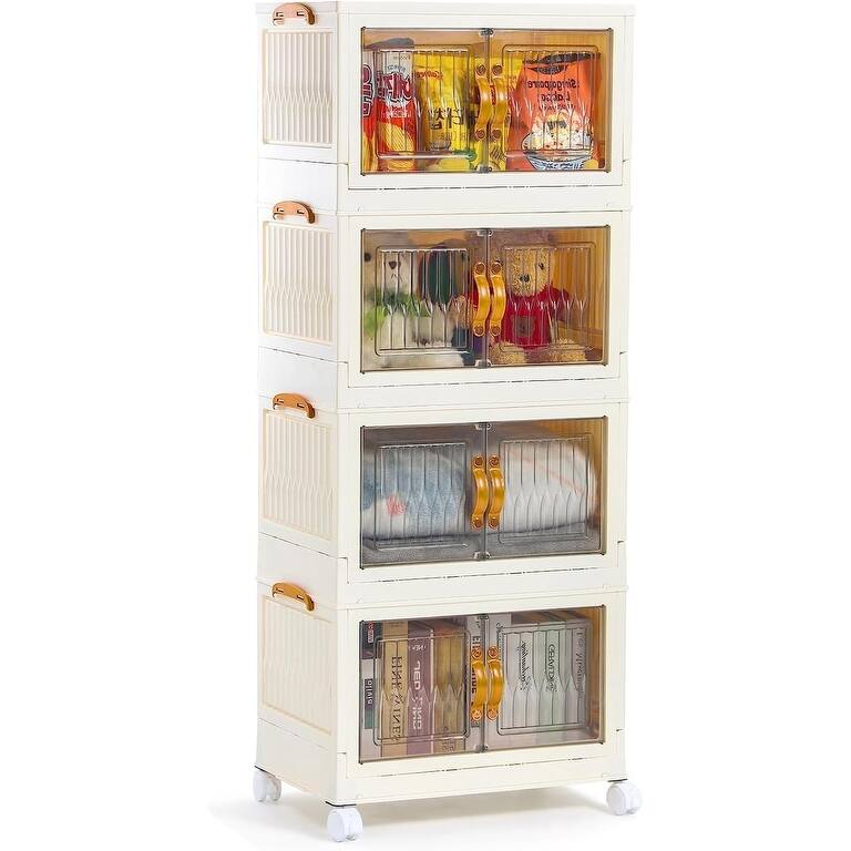 Large Plastic Storage Boxes with Lid - Beige - 4-Tier