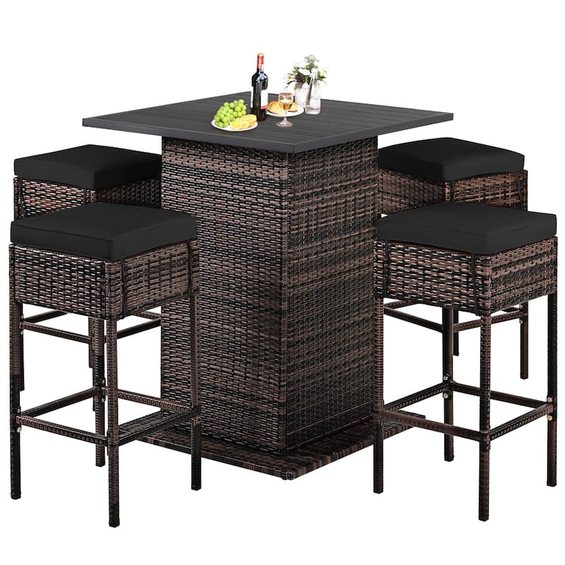 Gymax 5PCS Patio Rattan Bar Table Stool Set Hidden Storage Shelf