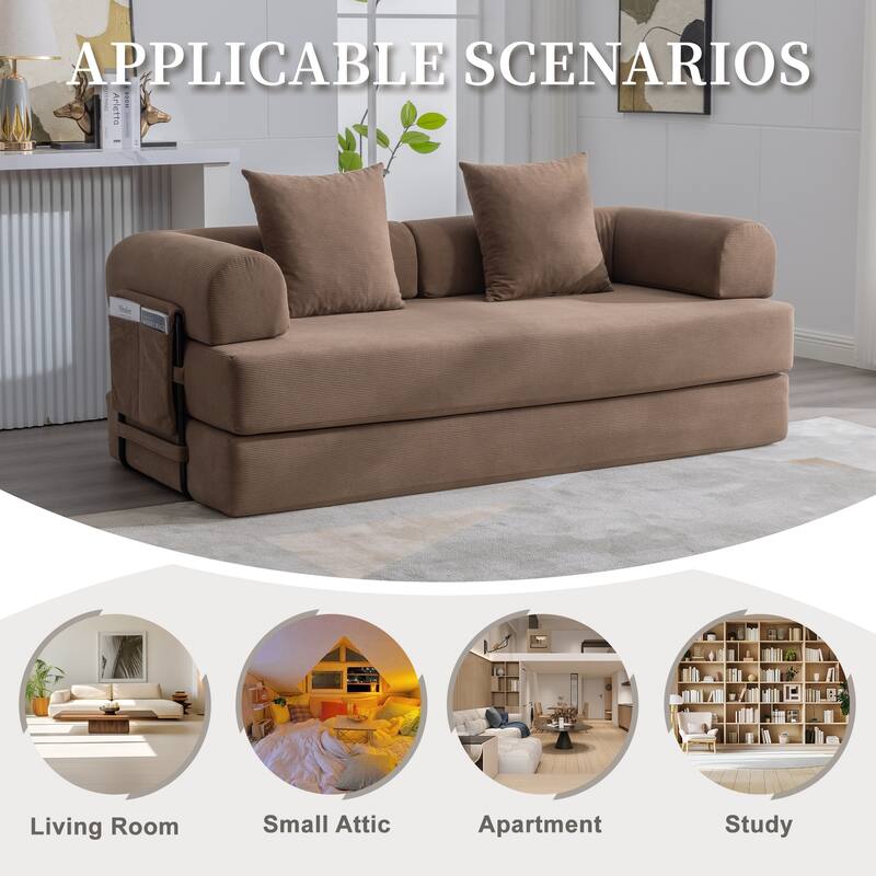 Foldable Modular Couch Sleeper Loveseat Sofa Bed with Storage Side Pocket, Detachable Metal Frame and Corduroy Fabric Cover