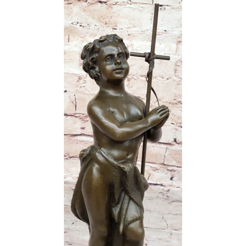 Young Child Saint Carrying Cross Religious Christianity Bronze Sculpture Statue