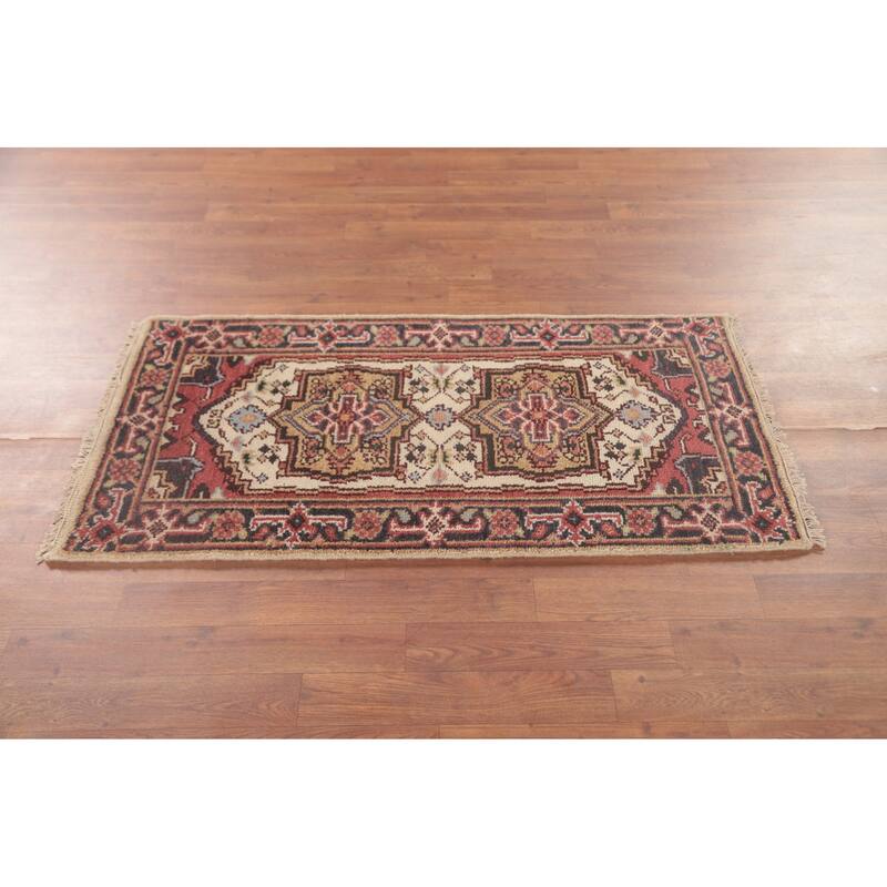 Geometric Heriz-Serapi Accent Rug Handmade Beige Wool Carpet - 2'0"x 4'0"