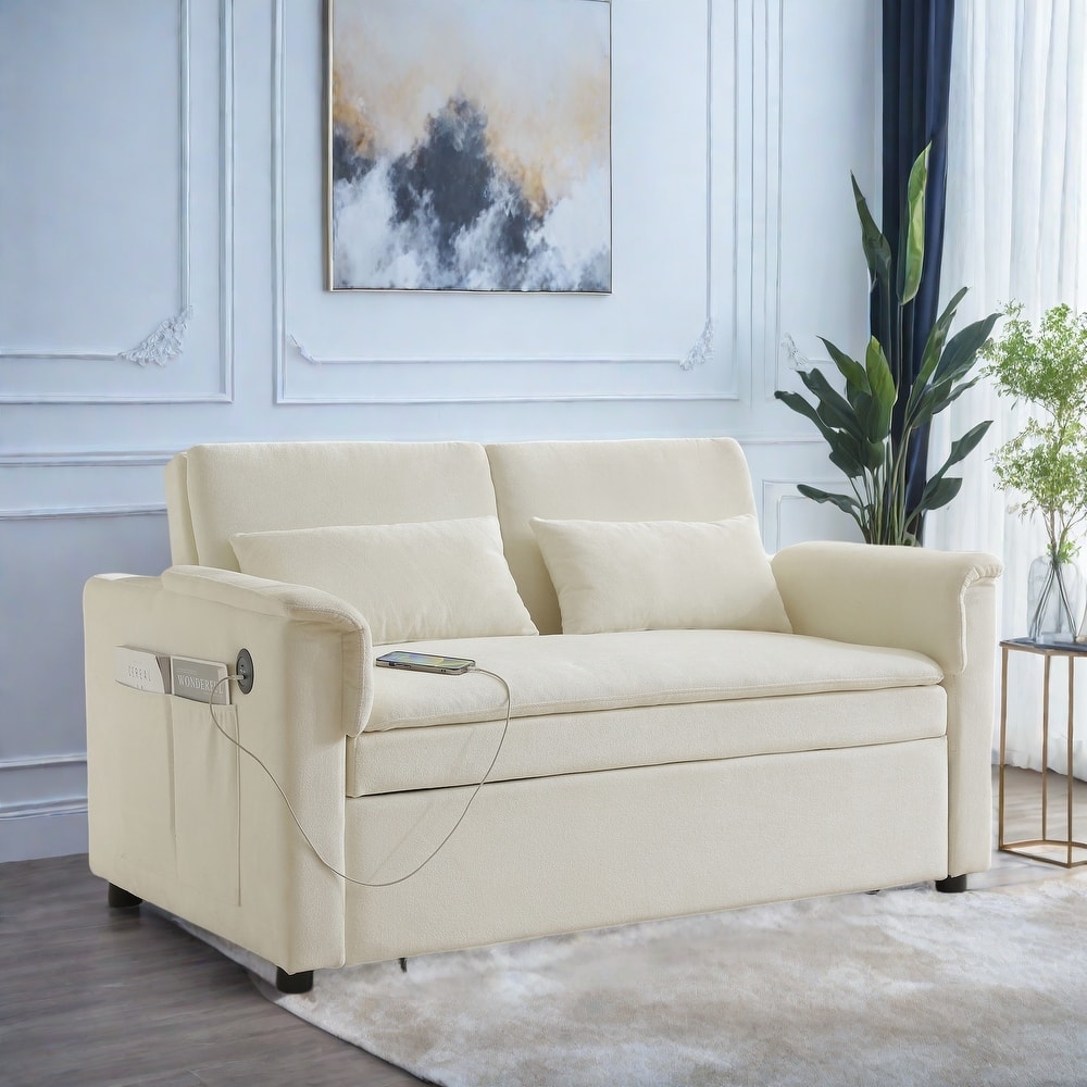 55" Velvet 2-Seater Sleeper Sofa with USB Ports And Storage Pockets for Living Room