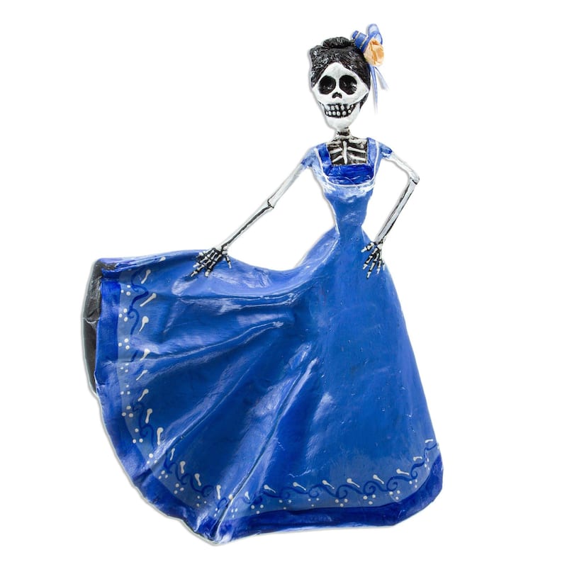 Novica Handmade Dancing Catrina In Blue Papier Mache Sculpture