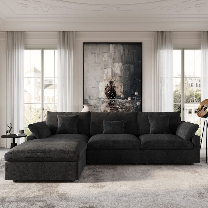 Black Commix Down Filled Overstuffed Sectional Sofa with Ottoman - 3+1（3 seats+ottoman）