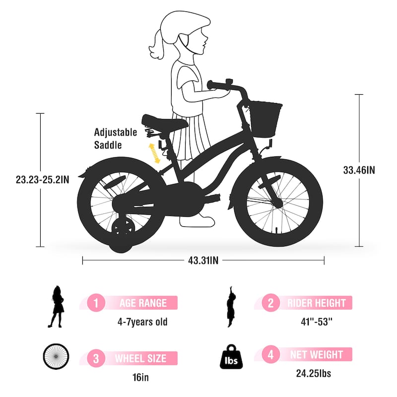 Multiple Colors, Girls Bike for 4-7Years Old Kids, 16 inch wheel, Training Wheels Included