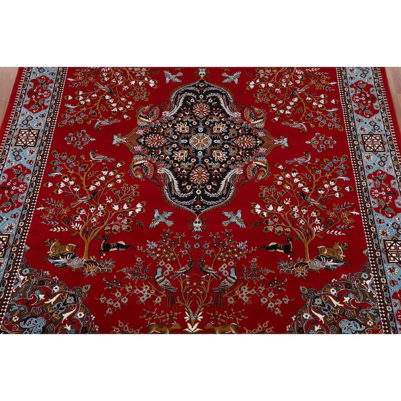 Animals Red Pictorial Kashan Turkish Area Rug Machine Made Carpet - 9'7" x 13'1"