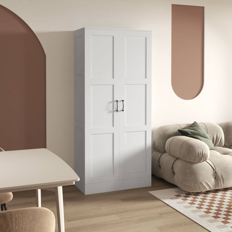71" Tall Storage Cabinet with Movable Storage Shelves, Modern Style Pantry Cupboard Cabinet with Soft Close Doors, White