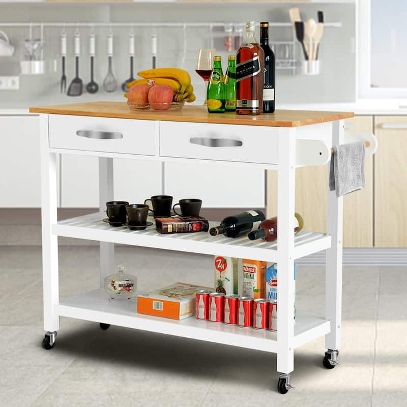 45" Kitchen Island Cart with Wheels, 2 Drawers & Open Storage Shelves - 45 x 17 x 35 inches
