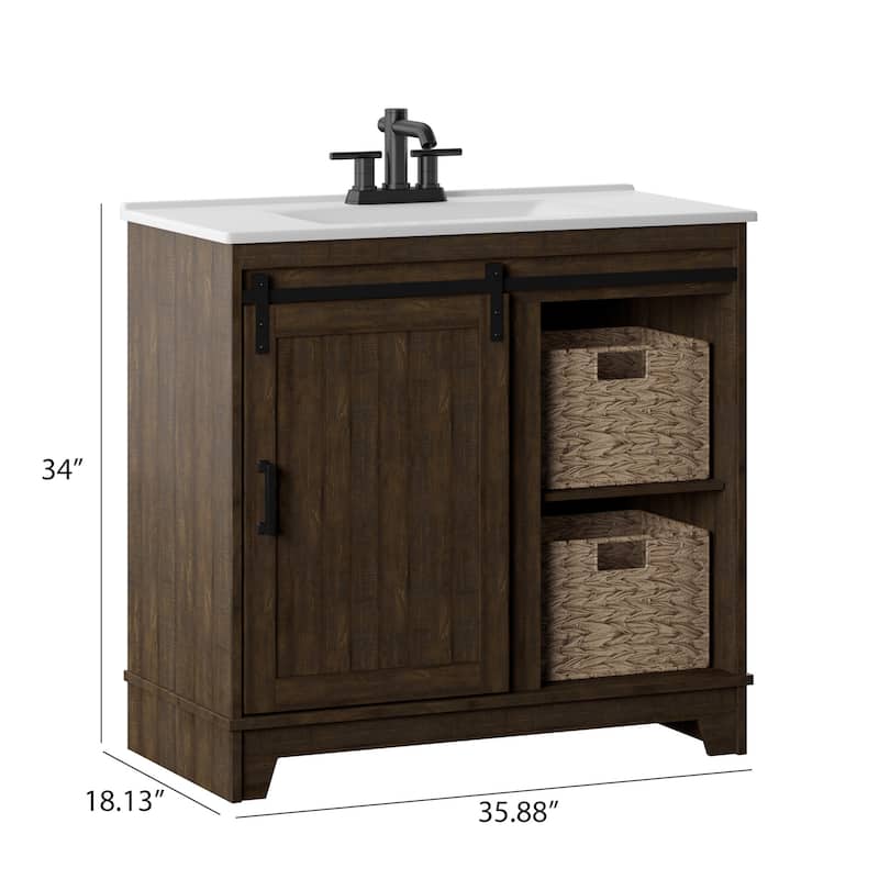 36" Sliding Barn Door Single Bathroom Vanity with Woven Baskets