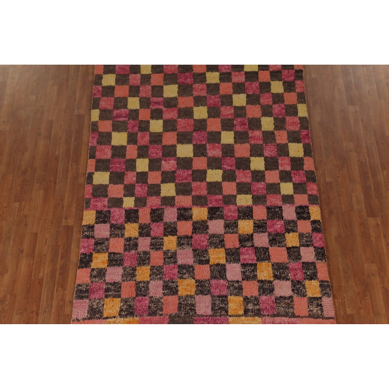 Checkered Pink Moroccan Oriental Area Rug Handmade Wool Carpet - 5'8" x 9'8"