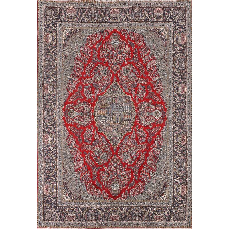 Pictorial Red Floral Kashan Turkish Rug Medallion Machine Made Carpet - 9'7" x 13'0"