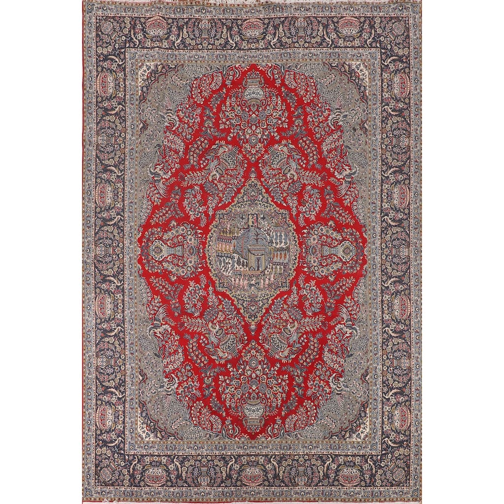 Pictorial Red Floral Kashan Turkish Rug Medallion Machine Made Carpet - 9'7" x 13'0"