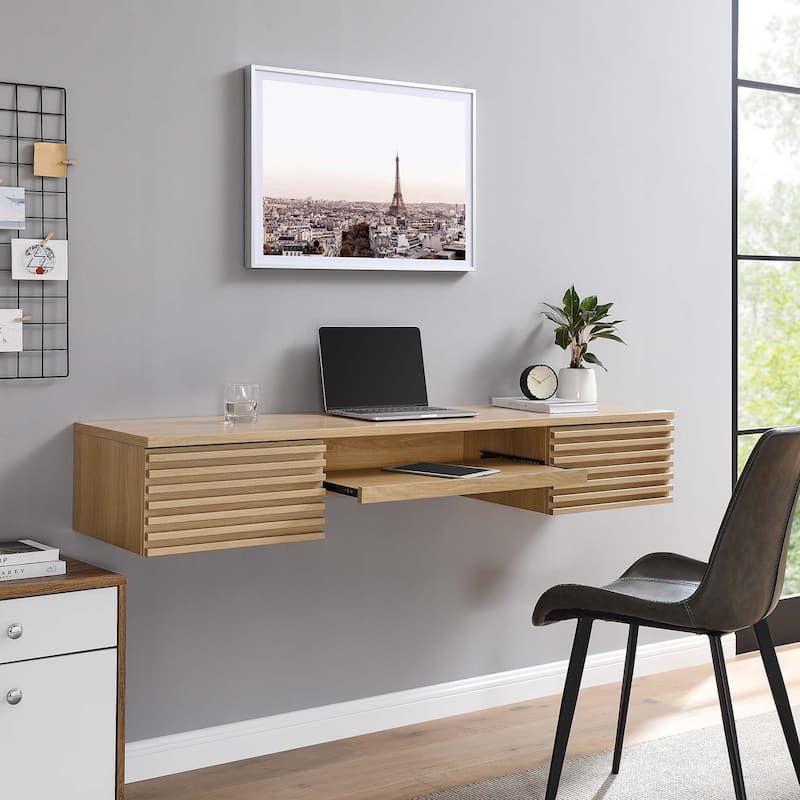Render Wall Mount Wood Office Desk - Oak