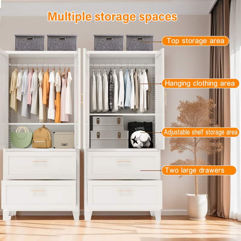 White Metal Wardrobe Closet with 2 Drawers and Hanging Rod, 71" Tall Bedroom Armoire Clothes Storage Cabinet with Shelf