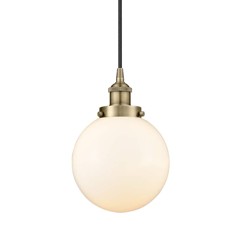 Innovations Lighting 616-1PH-12-8 Beacon Pendant Beacon 8" Wide Mini - Antique Brass / Matte White