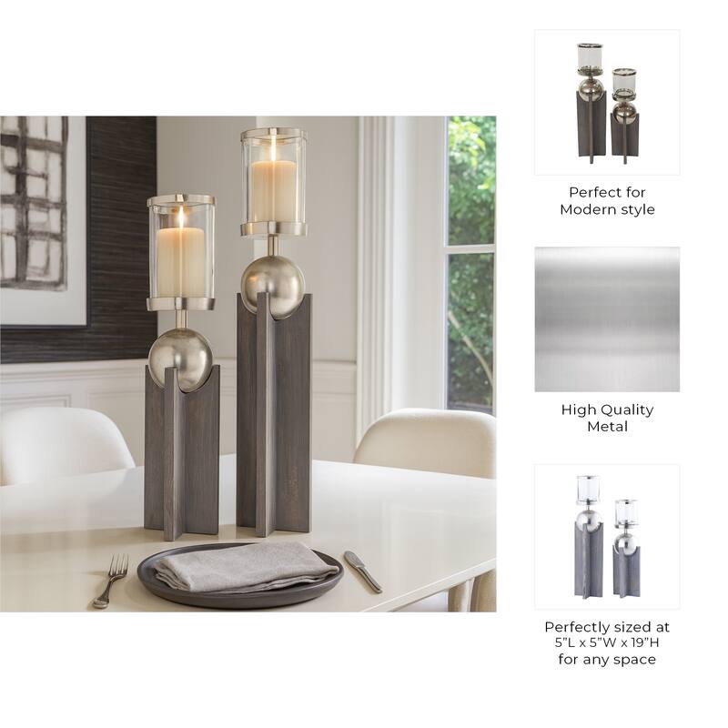 Candle Holders Set of 2 - Gray Wood Metal Sphere, 15/19" - 19.0"
