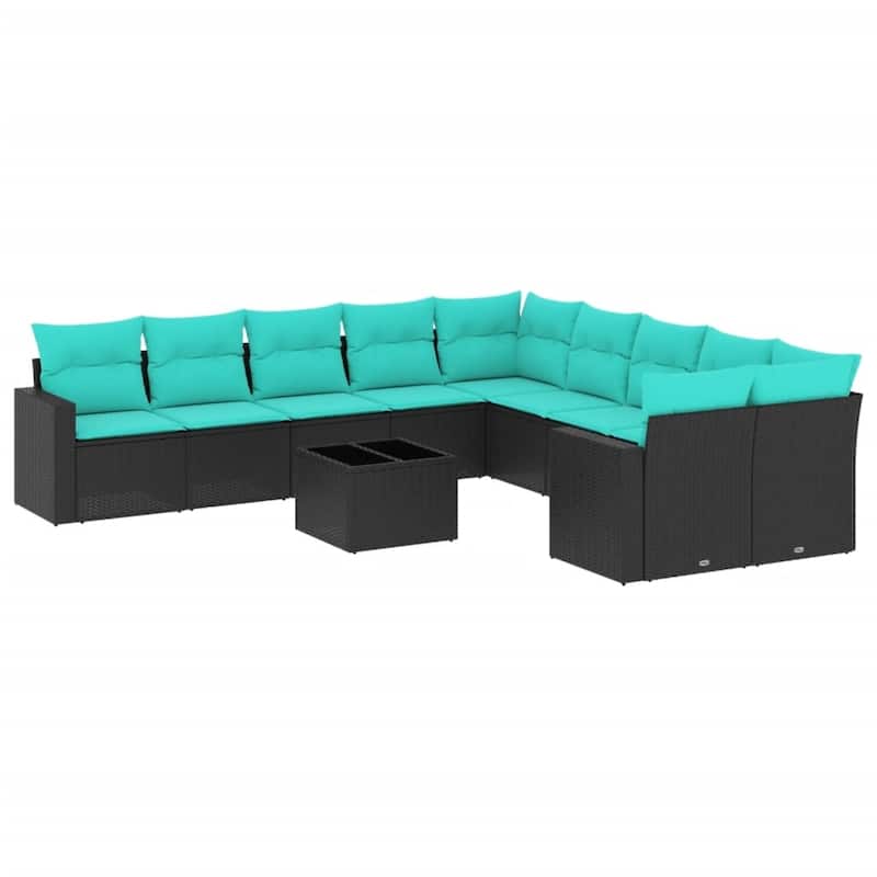 vidaXL 11 Piece Patio Sofa Set with Cushions Black Poly Rattan - 24.4" x 24.4" x 27.2"