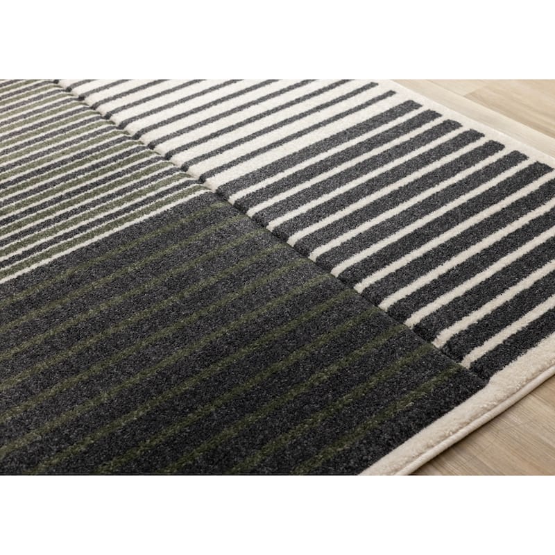 Green Black White Modern Striped High-Traffic Area Rug