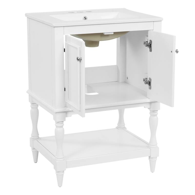 24" Modern Luxury Bathroom Vanity with Ceramic Sink, Compact Cabinet with Open Shelf & Closed Storage