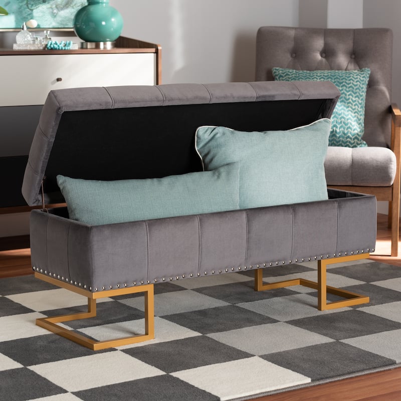 Ellery Luxe and Glam Velvet and Gold Finished Metal Storage Ottoman