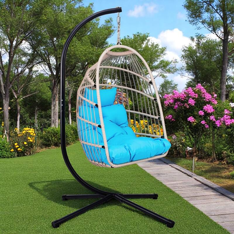 Hanging Egg Chair, Folding Hammock Swing Chair with Washable Cushion & Pillow - Portable Lounge Seating for Patio, or Garden - Light Grey-Blue