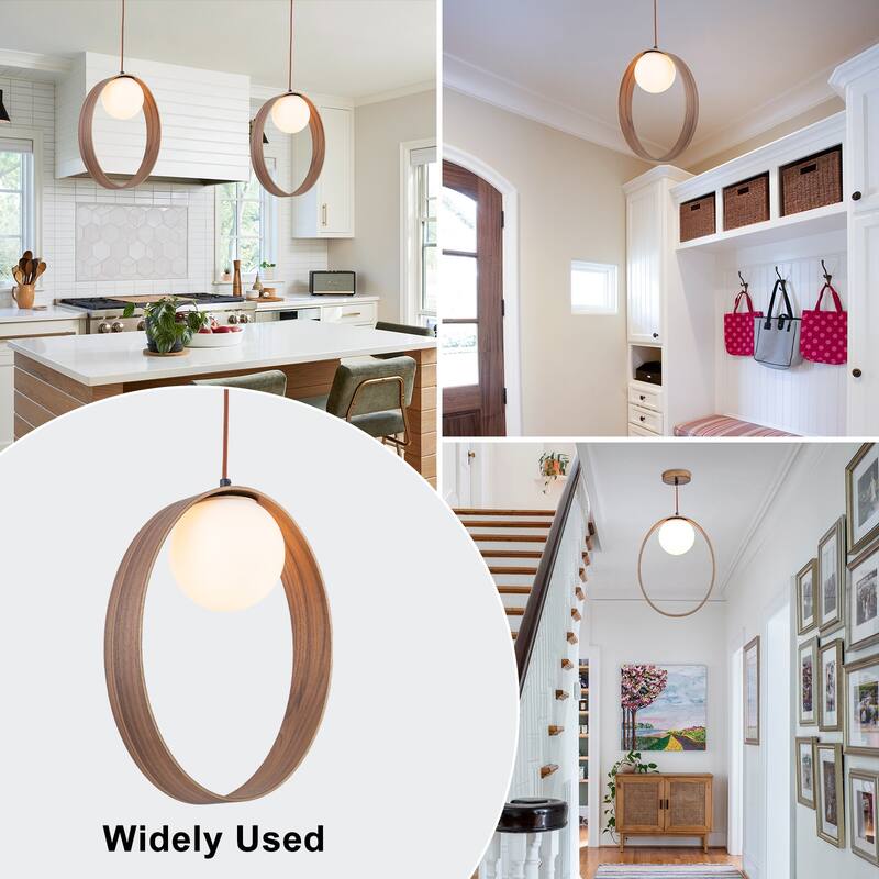 12-in Modern Wood Pendant Light Opal Glass Globe Kitchen Hanging Lamp - Dia.12-in