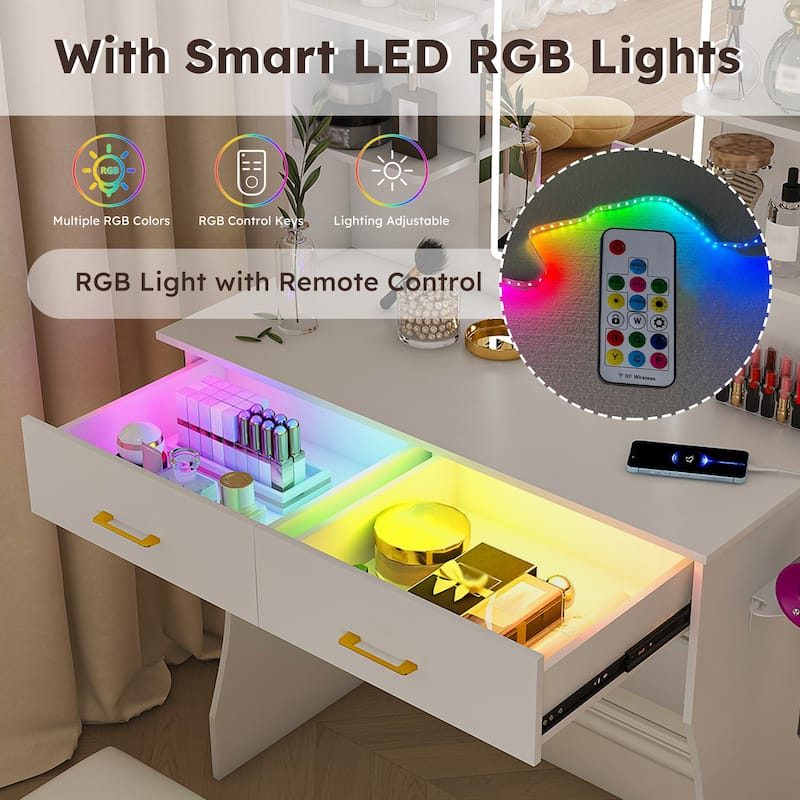 Vanity Desk with LED Mirror & RGB Lights, Power Outlet, 2 Drawers, Shelves & Chair, Dressing Table for Bedroom