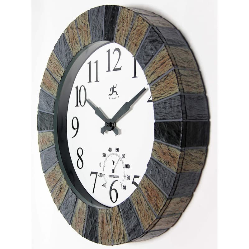 Faux 13 inch Indoor/Outdoor Wall Clock with Thermometer - 13 x 2 x 13