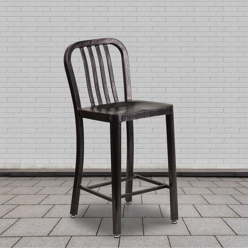 24'' High Metal Indoor-Outdoor Counter Height Stool with Vertical Slat Back - 15.75"W x 19"D x 36.25"H