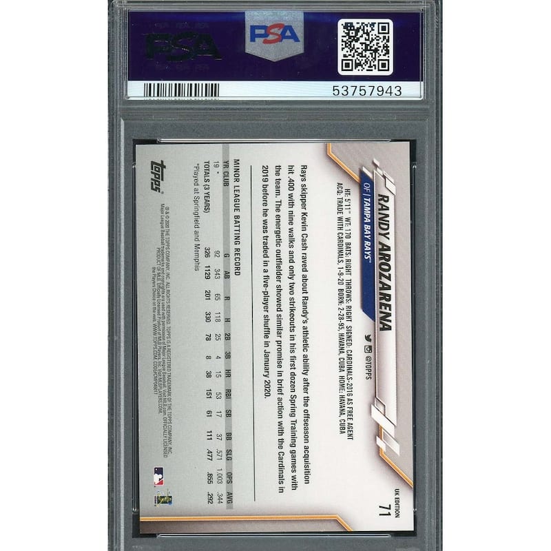 Randy Arozarena 2020 Topps UK Edition Baseball Rookie Card #71 PSA 10 - 8'6" x 11'6"