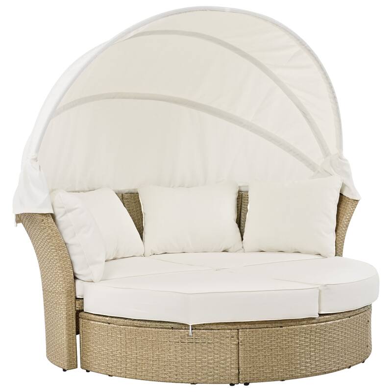 Wicker Rattan Daybed Round Sofa Set with Retractable Canopy and 4 Pillows, Convertible Sofa Bed with 2 Ottoman Chaise Lounge