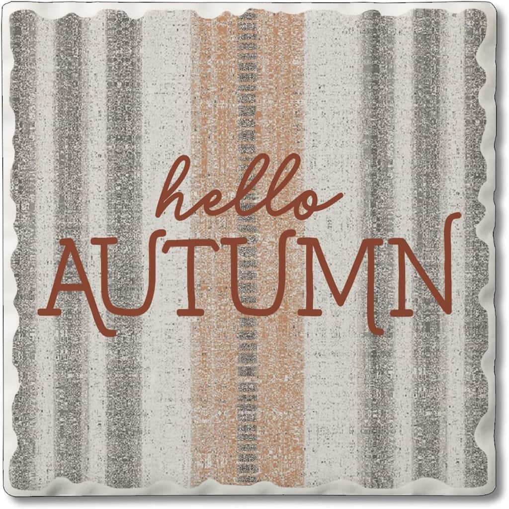 Hello Autumn 4 Pack Single Absorbent Stone Coaster with Protective Cork Backing Made in The USA 4" Square, Easily Wipes Clean