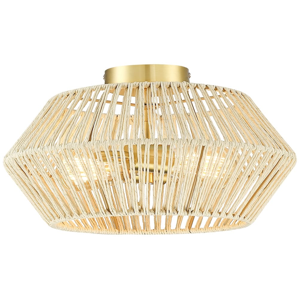 2-Light Bohemian Woven Rope Semi-Flush Mount Ceiling Light - D16"x H8.7" - Brass/Beige - 16 in. W