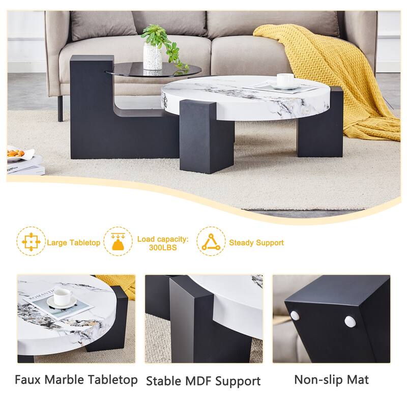 Modern Round Coffee Table with MDF L-Shaped Legs and Double-Layer Design for Living Room