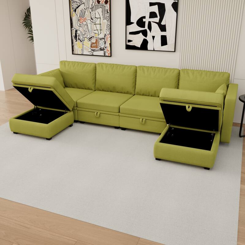 6-Seat U-Shaped Modular Reversible Sectional Sofa with Storage Ottoman