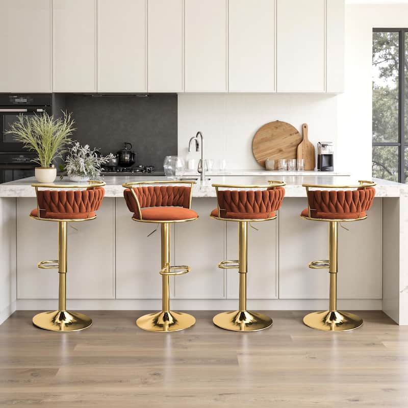 4 Set Modern Velvet Adjustable Swivel Bar Stools with Metal Frame - Gold/Orange