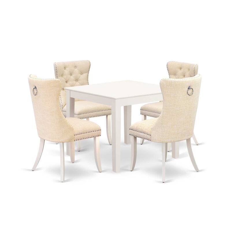 5-Piece Linen White Finish Solid Wood Top - Square Upholstered Dining Room Set - Seats 4