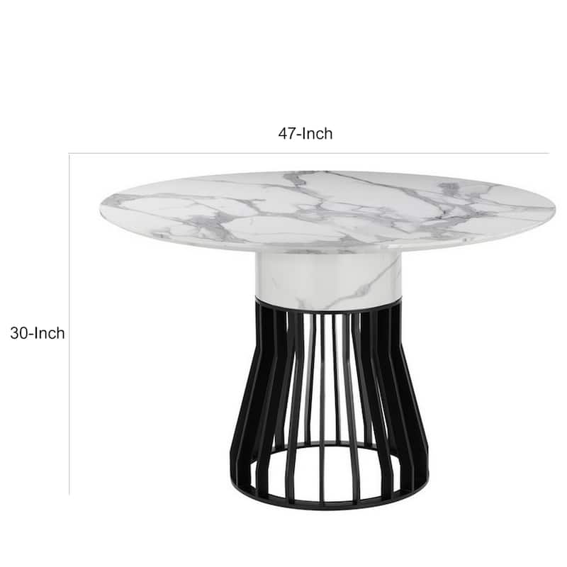 Jett 47 Inch Dining Table, White Round Marble Top, Metal Cage Frame Base
