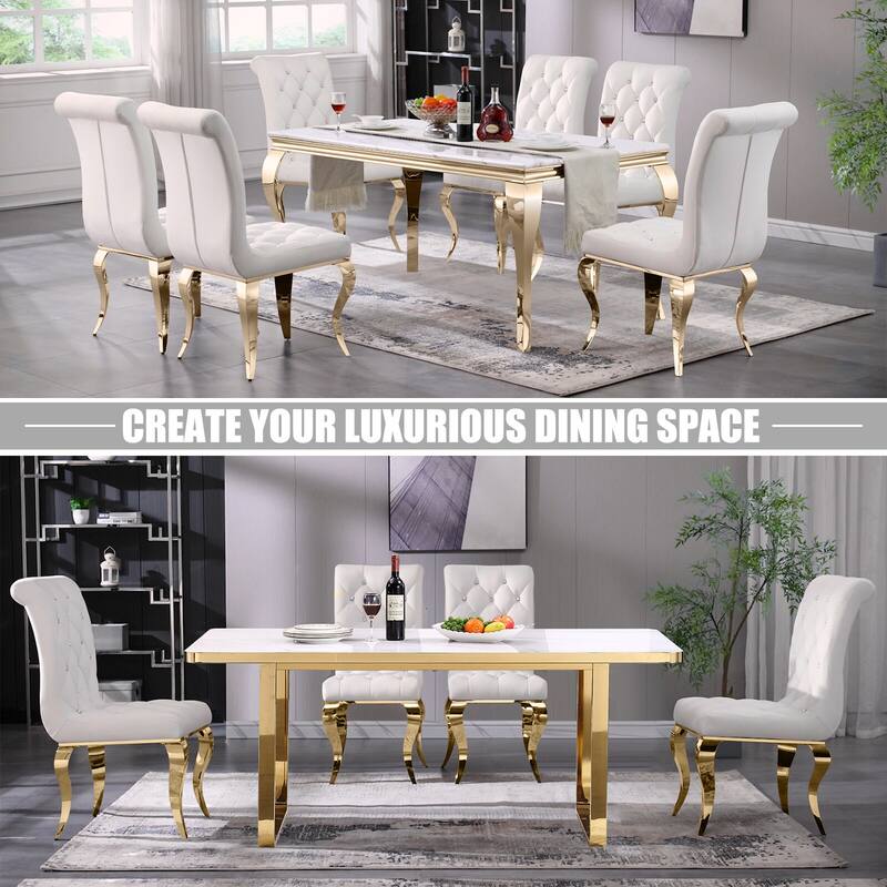 Luxury White Velvet Dining Chairs with Crystal Decor Button Tufted Back and Gold Metal Legs