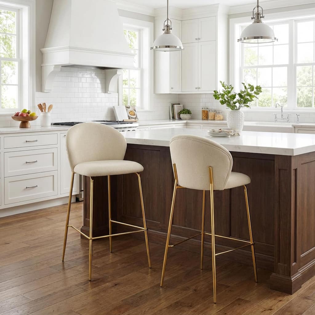 Roomfitters Kira Indoor Upholstered Bar Stools with Gold Plated Metal Legs, Fabric Set of 2 - Set of 2