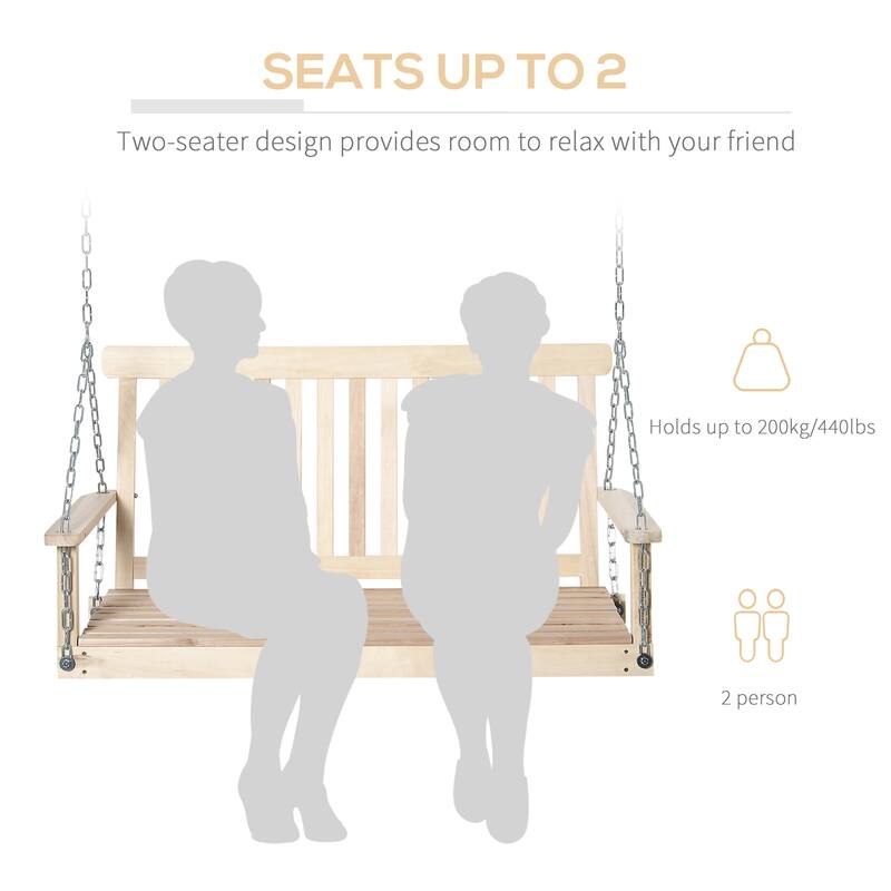 Outdoor Wooden 2-Person Seat Porch Swing Chair with Adjustable Hanging Bench, Slatted Design Hanging Chair