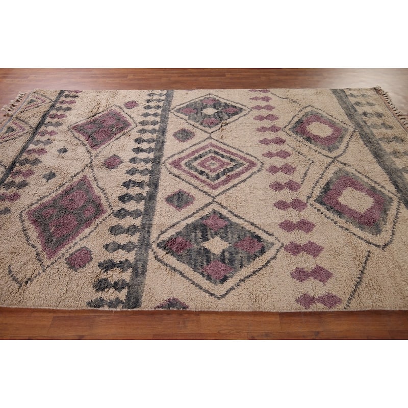 Geometric Plush Moroccan Area Rug Handmade Beige Wool Carpet - 6'9" x 10'4"