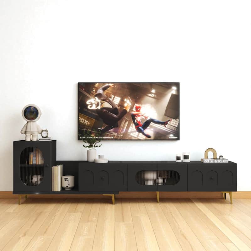 Modern Wood Extendable TV Stand, Rectangular Media Console with 4 Cabinets for TVs up to 89", Adjustable Design - Black