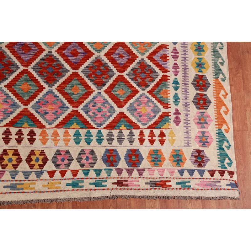 Reversible Trellis Kilim Oriental Area Rug Hand-Woven Wool Carpet - 10'3"x 13'5"