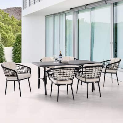 Outdoor 7-Piece Rope Dining Set for Lawn Backyard Garden, Beige
