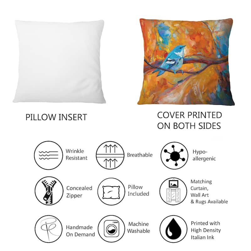 Designart 'Blue Cerulean Warbler Bird On A Branch' Traditional Printed Throw Pillow