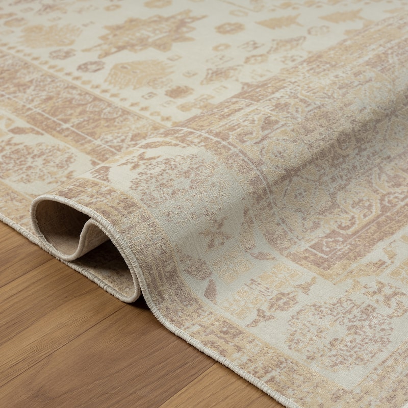 Sevita Beige Traditional Machine Washable Indoor Area Rug