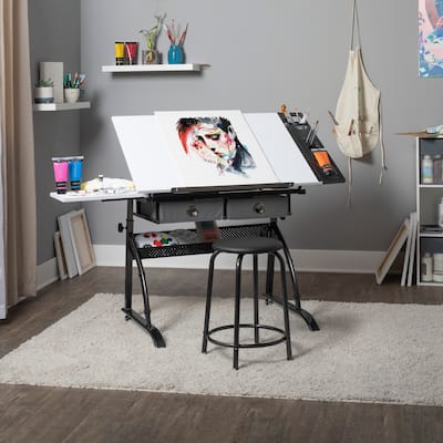 Core Craft Center, 2 piece Drawing, Drafting and Craft Table with Stool, Gunmetal-Gray/White
