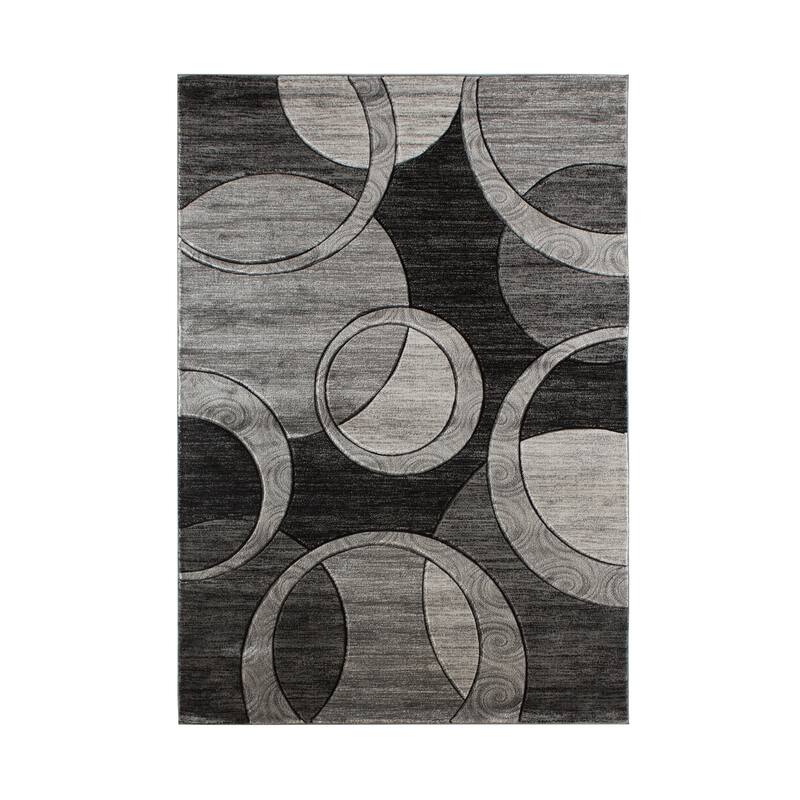 Orelsi Collection Abstract Geometric Circles Area Rug - 8'1" Round - Grey/Black