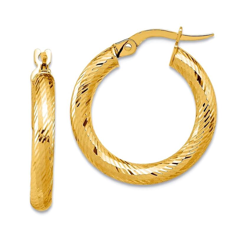 Curata 14k Yellow, Rose or White Gold Sparkle Cut Swirl 3x22mm Round Hoop Earrings - Yellow Gold